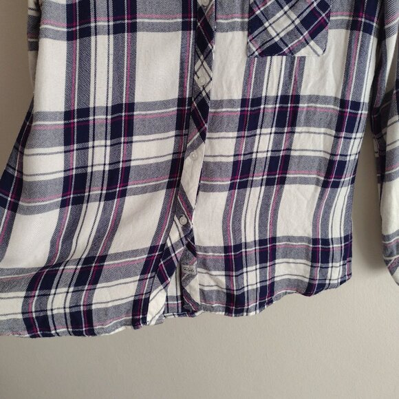 Rails Hunter Plaid Top L White Navy Rayon Flannel Lightweight Button Front Shirt - Picture 5 of 12